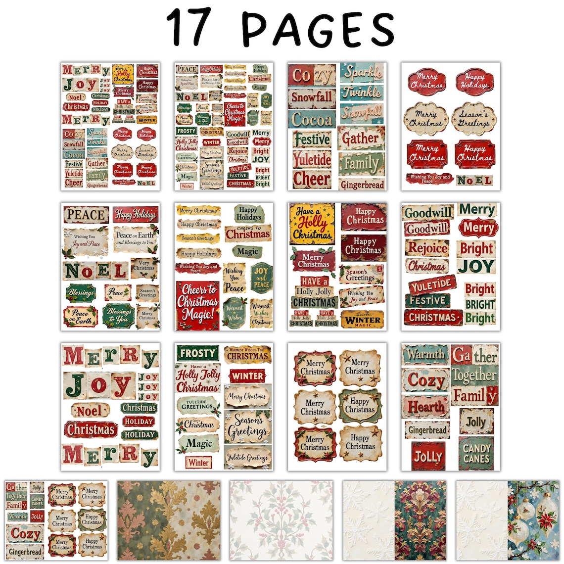 Christmas Greetings Printable Holiday Words, Phrases, Junk Journal