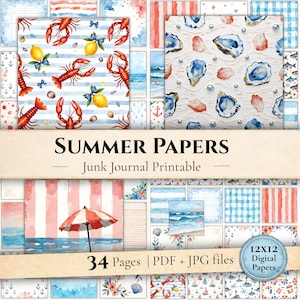 Könnte beinhalten: Ein digitales Papierpaket mit Sommerthema. Das Paket enthält verschiedene Designs mit Hummern, Zitronen, Austern, Muscheln und Strandszenen. Der Text "SUMMER PAPERS" und "Junk Journal Printable" werden angezeigt. Das Paket enthält 34 Seiten digitale Papiere im Format 30,5x30,5cm in PDF- und JPG-Formaten.