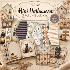 Pode incluir: Uma coleção de Mini Halloween 3 Folio + Book Kits. Os kits incluem bolsos e efêmeras. A imagem apresenta um livro com uma ilustração de um gato preto, juntamente com etiquetas e papel decorativo com temas de Halloween.
