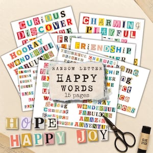 Pode incluir: Uma coleção de 15 páginas de palavras em estilo de carta de resgate com fontes e letras coloridas e desiguais. A página central exibe o texto RANSOM LETTER HAPPY WORDS 15 pages. Inclui tesoura e uma cola em bastão para artesanato.