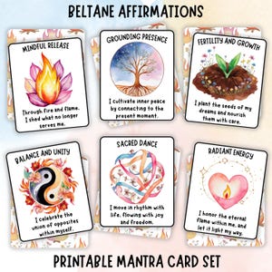 Conjunto de cartões de afirmação Beltane - Baralho de mantras pagãos para impressão para autocuidado - Reflexões para o verão - Celebração da roda do ano
