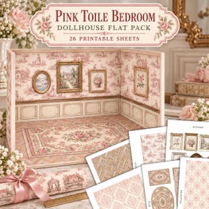 Può includere: Un kit per casa delle bambole Pink Toile Bedroom con 26 fogli stampabili. Il set include una struttura per stanza in miniatura con carta da parati toile rosa, perlinatura, un tappeto floreale e quadri, insieme a fogli con motivi e decorazioni.