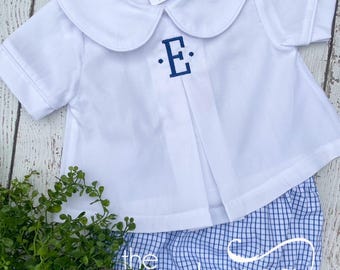 Boy Diaper set, with monogram, Peter Pan collared shirt
