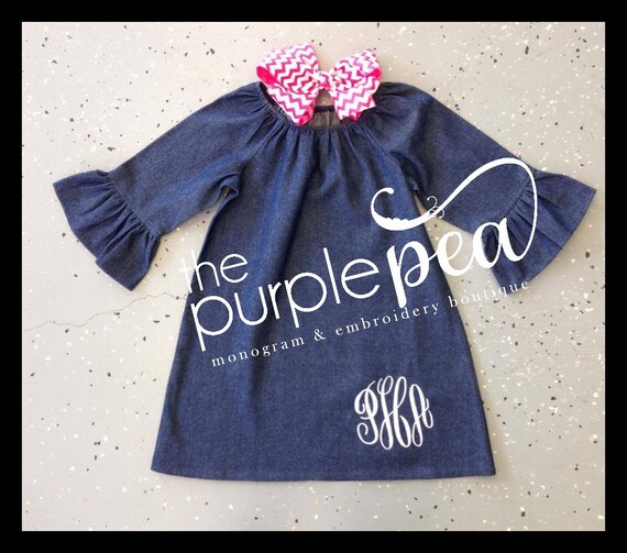 denim peasant dress Monogrammed Denim Peasant Dress, Girls, With Ruffled Bell Sleeve