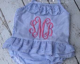 Girls Swimsuit ~ Monogrammed swimsuit ~ Girls Bathing Suit , One Piece~ Monogrammed Swim suit ~ Girls Swimsuit ~ Seersucker Swimsuit