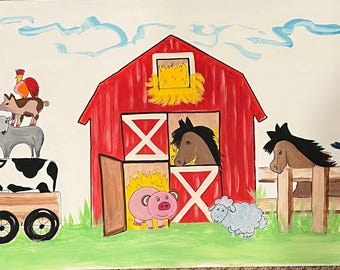 Hand Painted Custom Wood Toy Box: farm themed animal tractor horse personalized
