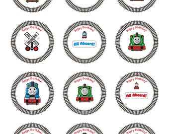 Tren, Feliz Cumpleaños, Adornos para Cupcakes, Etiquetas de Regalo, Pegatinas, Etiquetas, Círculos de 5 cm, Descarga Digital