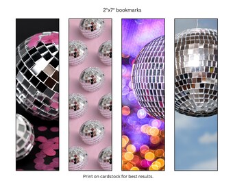 Marcapáginas imprimible con forma de bola de discoteca (5 x 18 cm), para imprimir en casa, bricolaje, descarga digital.