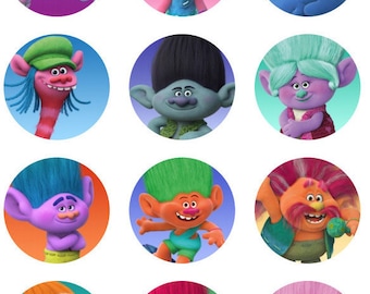 Adornos o pegatinas para cupcakes inspirados en Trolls, etiquetas de regalo, descarga digital, collage de círculos de 2 pulgadas, etiquetas imprimibles al instante en PDF.