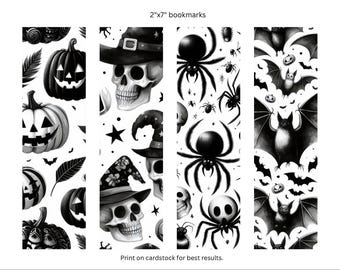 Marcadores de Halloween en blanco y negro, archivo PDF de descarga digital, marcadores de libros con temática de murciélagos, arañas, calaveras y calabazas, marcadores de 2 x 7