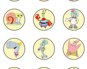 Adornos o pegatinas para cupcakes inspirados en Bob Esponja, etiquetas de regalo, descarga digital, círculos de 2 pulgadas, etiquetas imprimibles al instante 22807