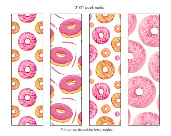 Marcapáginas imprimible con forma de donut rosa, 5 x 18 cm, para imprimir en casa, bricolaje, descarga digital