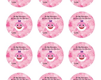 Etiquetas de regalo digitales inspiradas en la fiesta de San Valentín con diseño de tiburón rosa, pegatinas, adornos para cupcakes, círculos de 2 pulgadas
