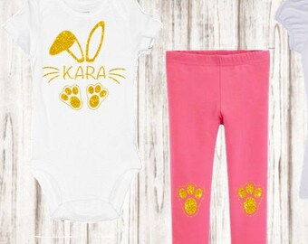 Easter Baby Girl Bunny Pink Gold Personalized Easter Clothes Outfit My First Easter