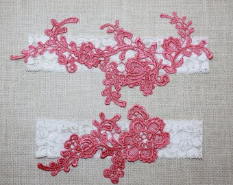 Dark Coral Pink Bridal Garter-Stretch Lace Wedding Garter Set- More Colors Available