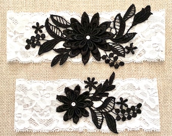 Black Flowers Bridal Garter-Stretch Lace Wedding Garter Set- More Colors Available-Something Blue Wedding