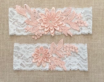 Pink Peach Flowers Bridal Garter-Stretch Lace Wedding Garter Set- More Colors Available-Something Blue Wedding