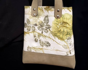 Ecoprinted Lederhandtasche, botanisches Design, handgemachte Geldbörse