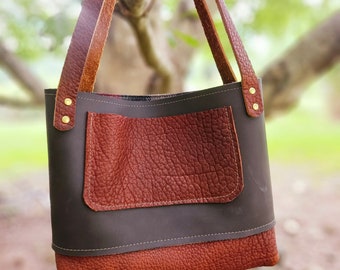 Leather Purse, Handbag, Two Tone Design Handcrafted By Artist,Top Grain Leather, Lovely Wool Plaid Lining, Arm or Shoulder Bag. 12"× 10"× 4"