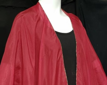 Red Silk Ruana, Kimono Wrap, Shawl, Beautiful  Decorative Stitching, Hand Created by NC Artist, Fits All, Includes Scarf Slide, Easy Care