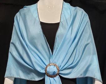 Silk Ruana, Kimono Wrap, Shawl, Light Blue with Decorative Stitching, Hand Created by NC Artist, Fits All, Includes Scarf Slide, Easy Care