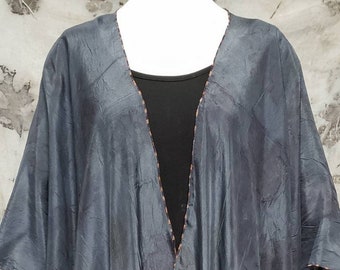 Silk Ruana, Kimono Wrap, Shawl, Ecoprinted Black with Decorative Stitching, Scarf Slide, Hand Created by NC Artist, Fits All, Easy Care