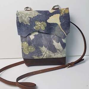 Leather Handbag, Two Toned Ecoprinted Designs & Natural Colors from Maple, Gingko and Flowers,Hand Crafted by Artist, Crossbody Purse