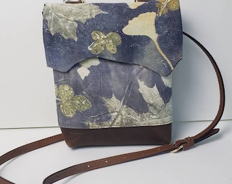 Leather Handbag, Two Toned Ecoprinted Designs & Natural Colors from Maple, Gingko and Flowers,Hand Crafted by Artist, Crossbody Purse