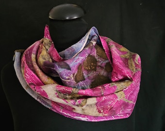 Multicolored Silk Scarf. Gingko and Grape Leaf Vines Ecoprinted from Nature, 8" x 54", Handcrafted by Artist, Botanical Slow Fashion