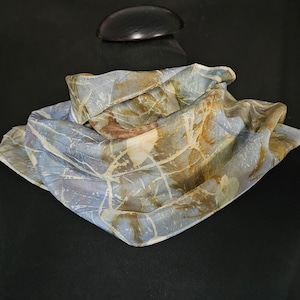 Pale Blue Silk Scarf. Contrasting Botanical Designs of Fall Leaves Ecoprinted from Nature, 8" x 54", Handcrafted by Artist, Slow Fashion