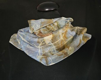 Pale Blue Silk Scarf. Contrasting Botanical Designs of Fall Leaves Ecoprinted from Nature, 8" x 54", Handcrafted by Artist, Slow Fashion