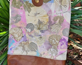 Leather Handbag, Multi-colored  Combo, All Natural Ecoprinted and Botanical Designs & Colors from Leaves and Plants, Hand Crafted by Artist