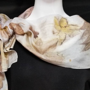 Beautiful Silk Scarf, Ecoprinted Designs & Gold and Bronze Colors From Nature, 8&quot; x 72&quot;, Natural, Organic, Sustainable Art by NC Artist