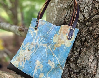 Ecoprinted Leather Handbag, Pale Blue Botanical Design, Handcrafted