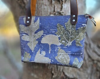 Blue Ecoprinted Leather Purse, Botanical Handbag, Nature Design