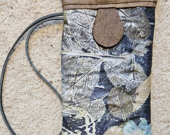 Leather Snap Bag, Blue Ecoprinted Botanical Designs & Natural Colors from Leaves, Concert, Cell Purse, Wrist Strap, Hand Crafted by Artist,