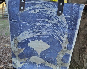 Ecoprinted Leather Handbag, Botanical Design, Blue Two Tone Purse