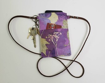 Ecoprinted Leather Cell Phone Crossbody Bag,Concert Purse,Purple, Plant Designs from Maple,Gingko,Baby's Breath, by Artist, Fits all Phones,