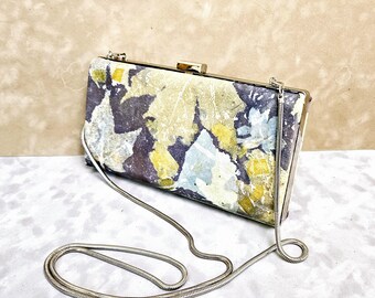 Leather and Silk Crossbody Clutch, Ecoprinted Designs & Colors Created from Plants, By Artist, Silver Trim, Pocketbook, Cellphone Purse
