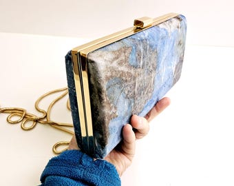 Crossbody Clutch, Blue Silk Noil Ecoprinted with Gingko Designs, Created from Plants, By Artist, Gold Trim, Pocketbook, Cellphone Purse