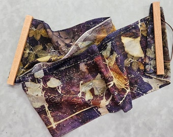 Ecoprinted Silk Scarf, Deep Purple, Botanical Print with Magnetic Hanger