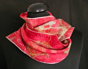 Red Silk Scarf. Contrasting Botanical Designs of Assorted Leaves Ecoprinted from Nature's Leaves and Plants, 8" x 54", Handcrafted by Artist