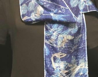Blue Ecoprinted Silk Scarf, Botanical Leaf Design, Handmade in NC