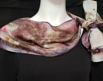 Dark Burgundy Silk Scarf, Beautiful Ecoprinted Designs from Gingko, Baby Breath & Plants, Botanical Fashion Prints,Sustainable Art,8" x 72"