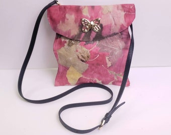 Red Leather Crossbody Bag, Beautiful Ecoprinted Designs Created from Plants, Handcrafted Leather by Artist, Purse, Pocketbook, Top Grain