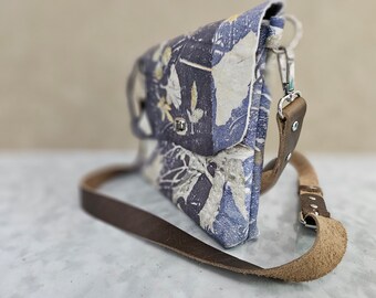 Blue Leather Handbag, Ecoprinted and Botanical Designs & Colors from Leaves and Flowers,Hand Crafted by Artist, Unique Crossbody Purse