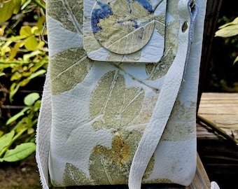 Ecoprinted Leather Cell Phone Crossbody Bag, Handmade Concert Purse