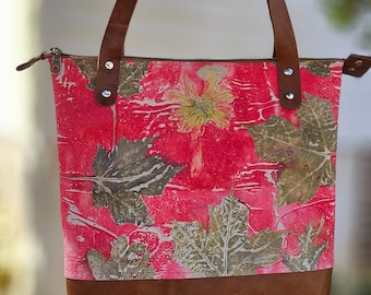 Red Leather Ecoprinted  Shoulder Bag, Botanical Designs, Handcrafted Purse