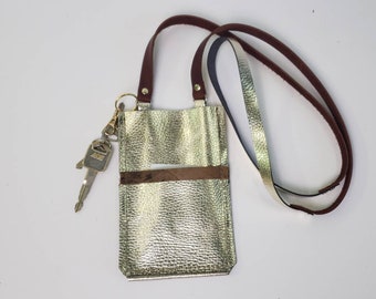 Gold and Rich Brown Leather Cell Phone Crossbody Bag, Ecoprinted Accent Designs from Plants, Hand Crafted by Artist, Fits all Phones