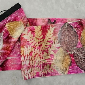 Ecoprinted Purple Silk Scarf with Magnetic Hanger, Leaf Designs with Gold and Bronze Colors From Nature, 8&quot; x 54&quot;, Natural, by NC Artist
